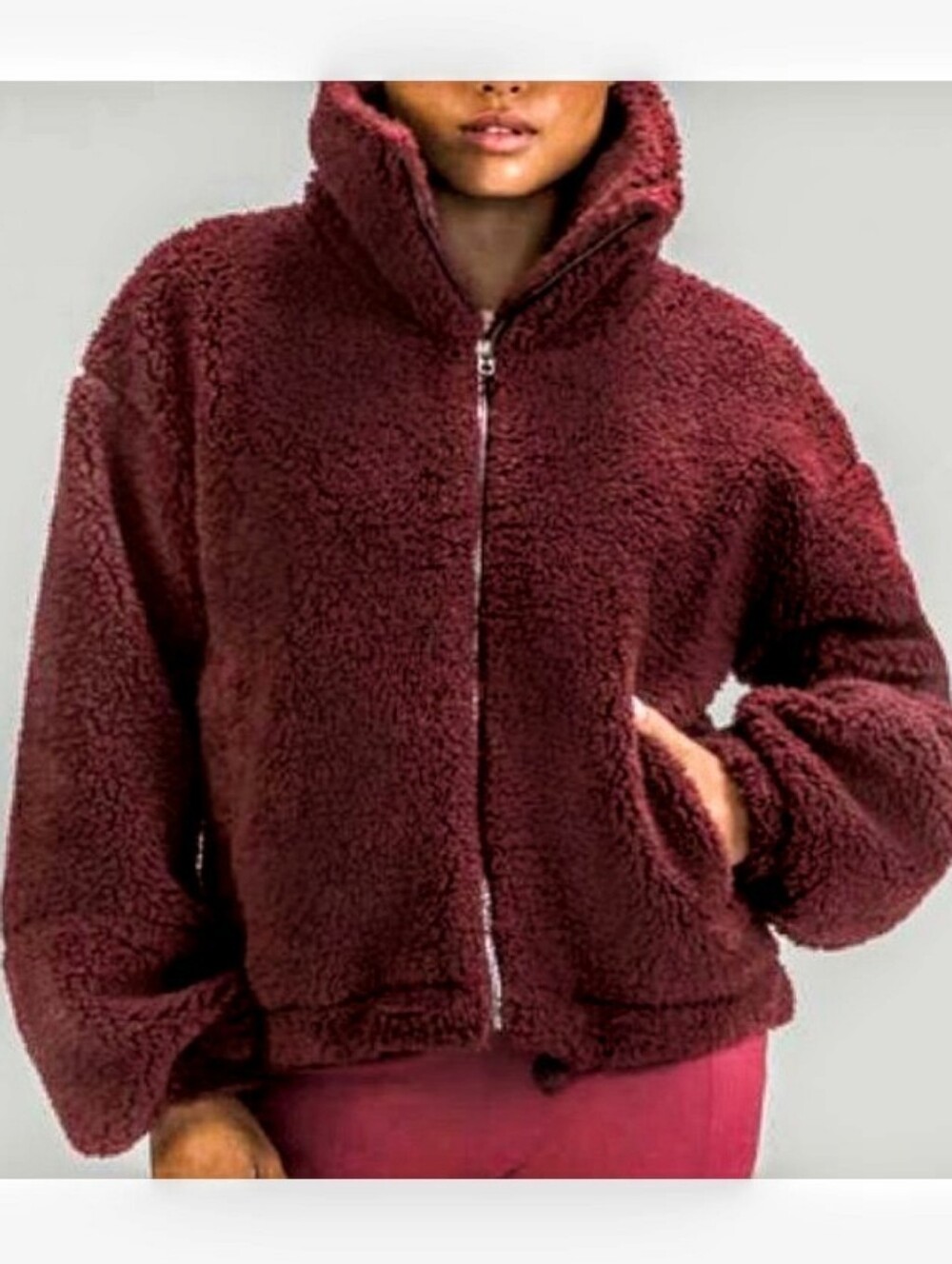 Lululemon Cinchable Fleece Zip Up Sherpa Teddy Jacket In Red Merlot  sz 6